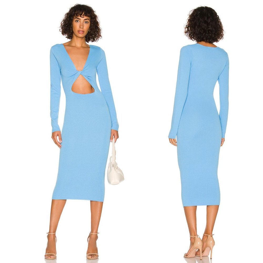 NEW Bardot Eliana Twist Front Knit Midi Dress in Cornflower Blue Long Sleeve